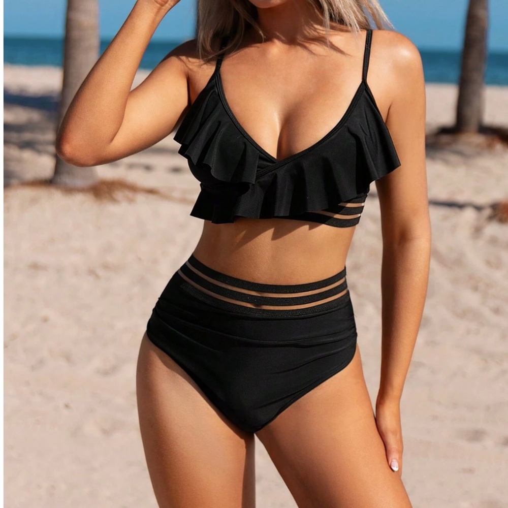 Boho Ruffle Detail High Waisted Two Piece Bikini Swimsuit